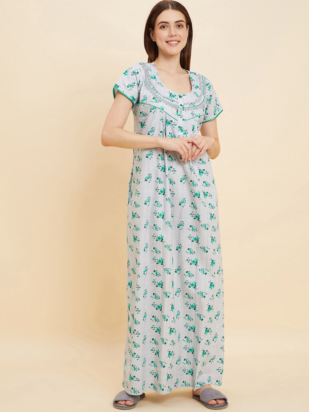 

Sweet Dreams Grey & Green Floral Printed Pure Cotton Maxi Nightdress