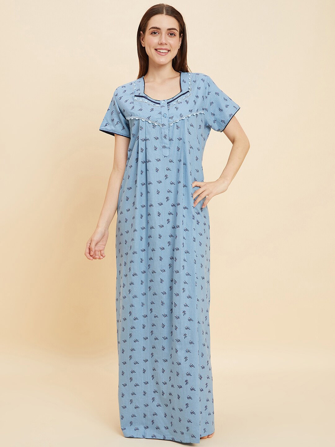 

Sweet Dreams Blue Floral Printed Pure Cotton Maxi Nightdress