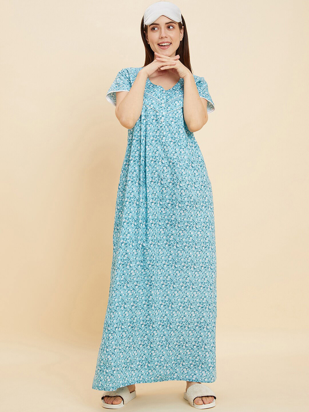 

Sweet Dreams Blue And White Floral Printed Pure Cotton Maxi Nightdress