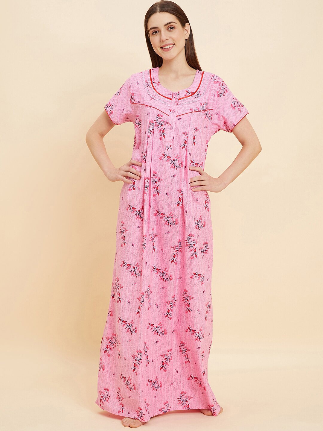 

Sweet Dreams Pink Printed Pure Cotton Maxi Nightdress