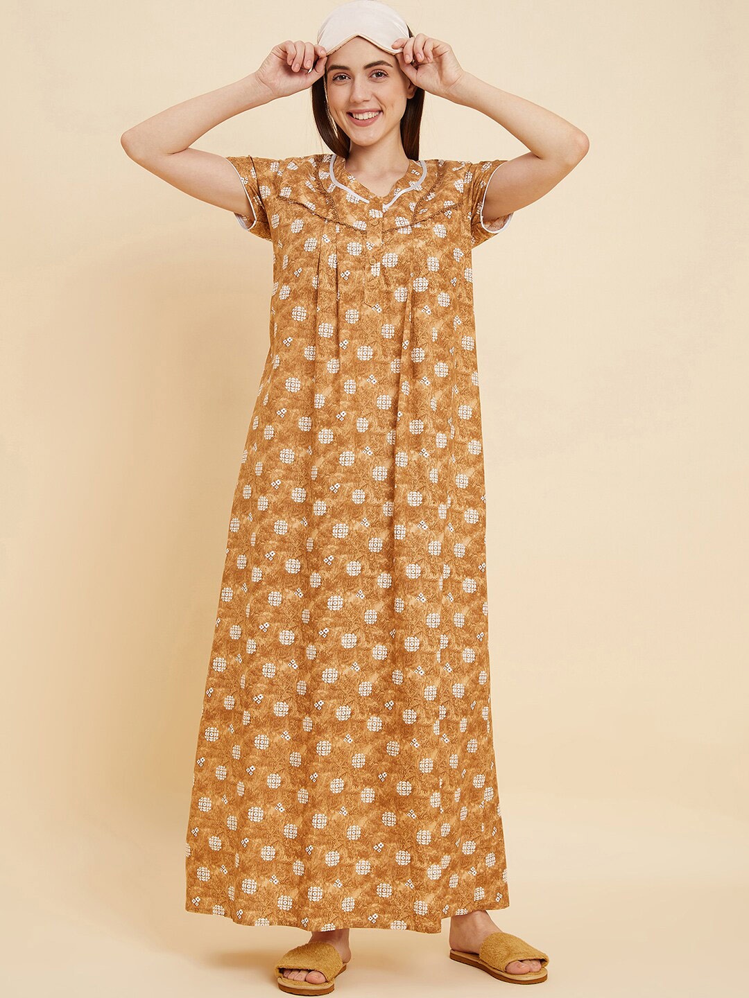 

Sweet Dreams Mustard Yellow & White Geometric Printed Pure Cotton Maxi Nightdress
