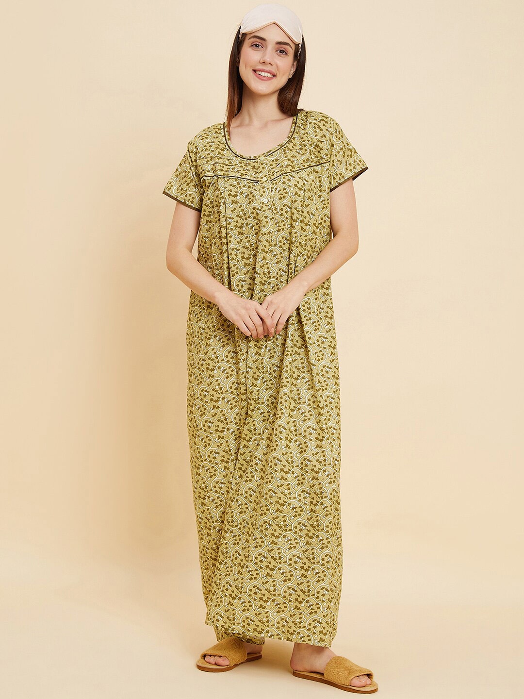 

Sweet Dreams Mustard Yellow And White Floral Printed Pure Cotton Maxi Nightdress