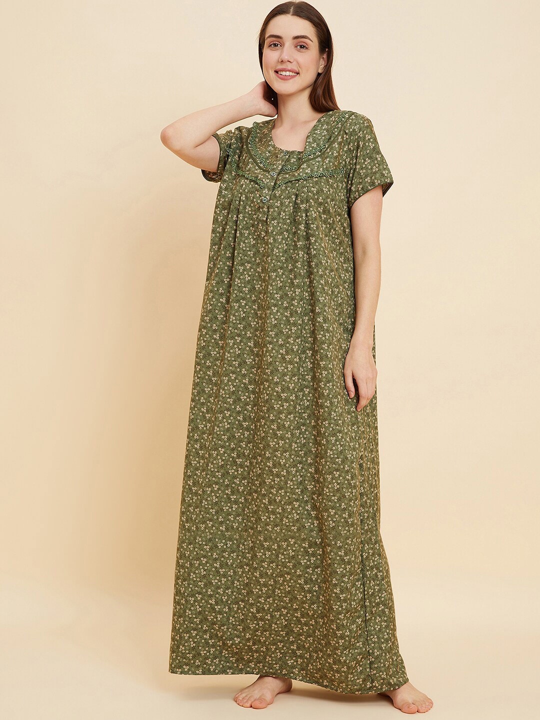 

Sweet Dreams Green And Black Floral Printed Maxi Nightdress