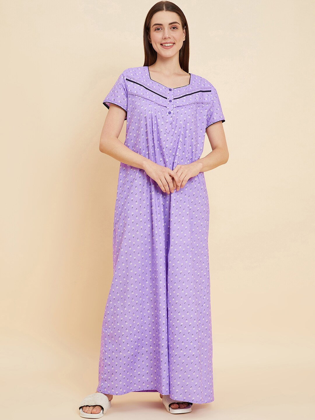 

Sweet Dreams Purple & White Floral Printed Round Neck Pure Cotton Maxi Nightdress