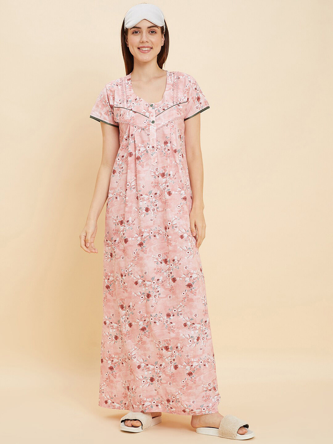

Sweet Dreams Peach Coloured And Red Floral Printed Pure Cotton Maxi Nightdress