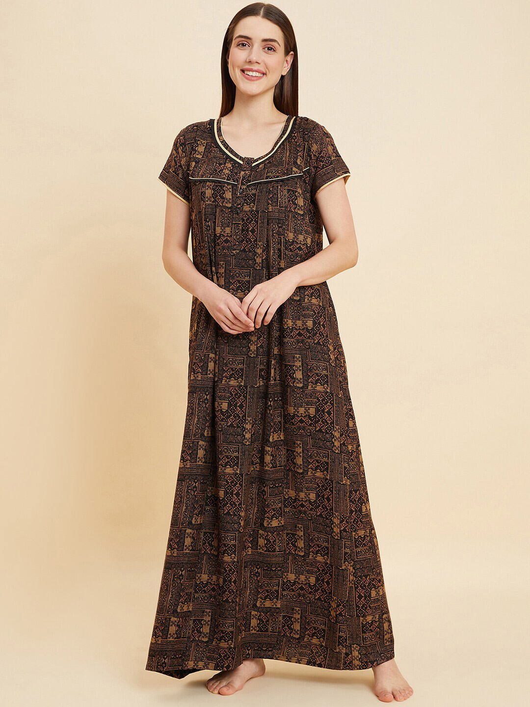 

Sweet Dreams Brown Printed Pure Cotton Maxi Nightdress