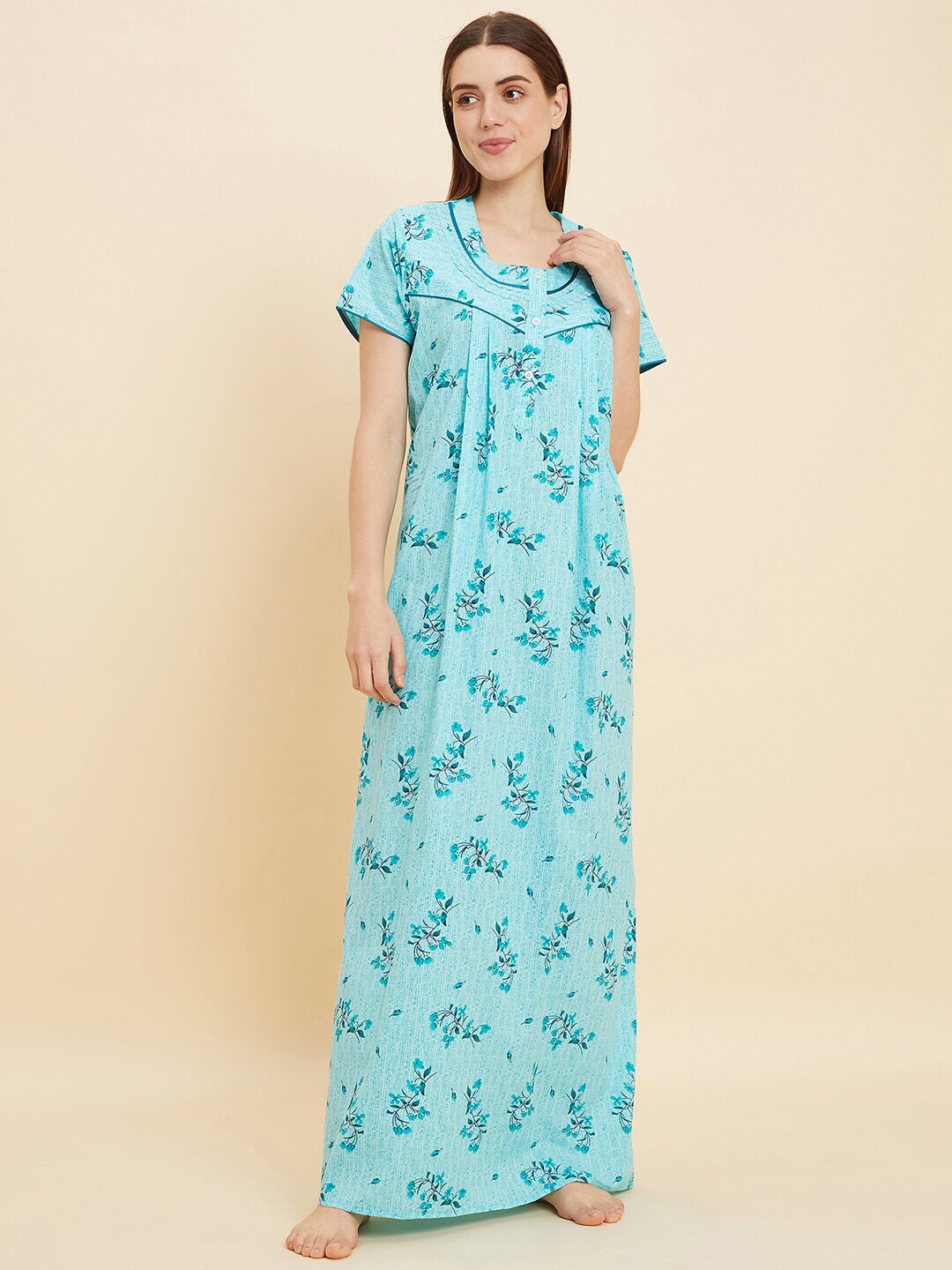

Sweet Dreams Turquoise Blue Floral Printed Pure Cotton Maxi Nightdress