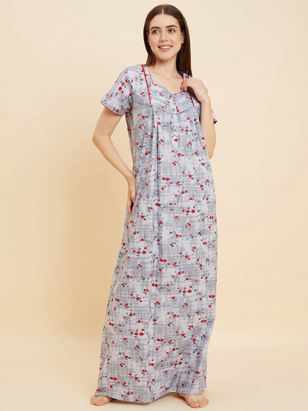 

Sweet Dreams Grey Printed Pure Cotton Maxi Nightdress