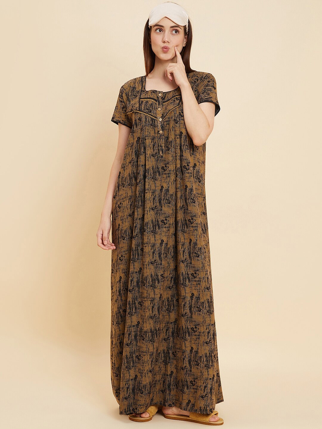 

Sweet Dreams Khaki And Black Abstract Printed Pure Cotton Maxi Nightdress