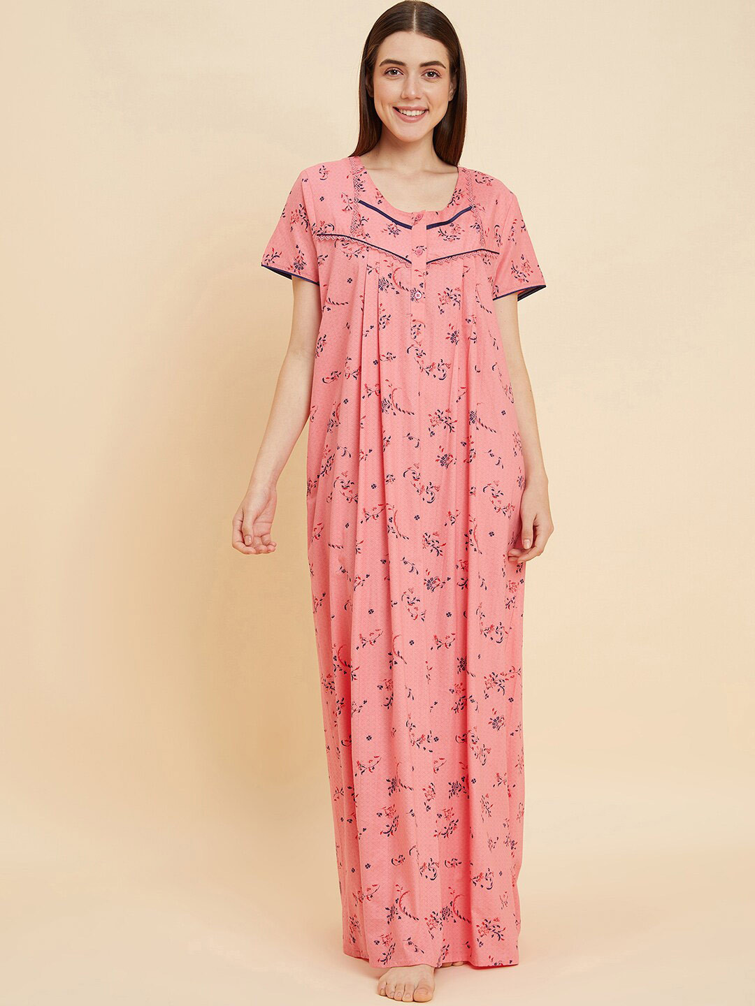 

Sweet Dreams Peach & Navy Blue Floral Printed Pure Cotton Maxi Nightdress