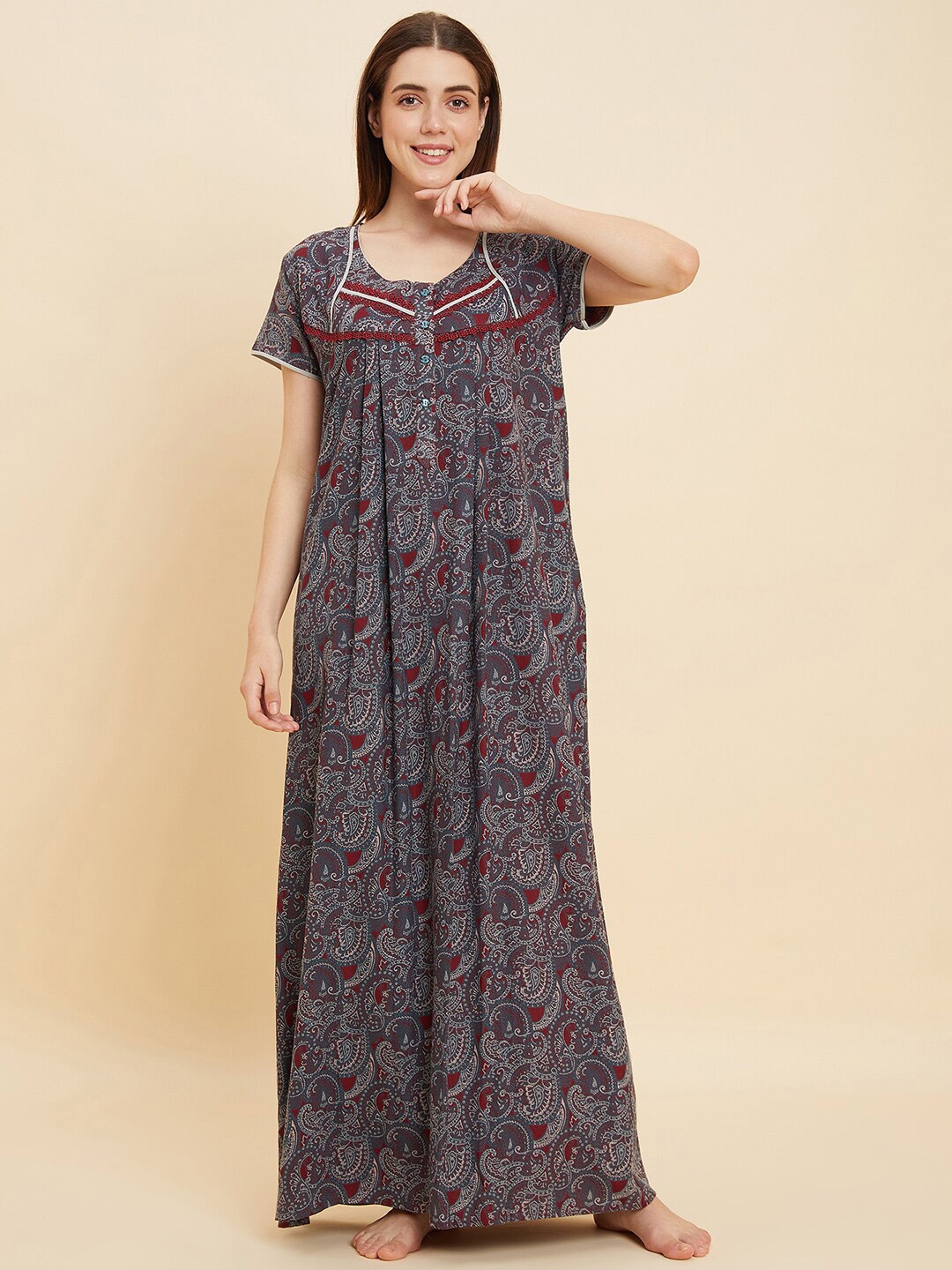 

Sweet Dreams Teal Green & Maroon Ethnic Motifs Printed Pure Cotton Maxi Nightdress