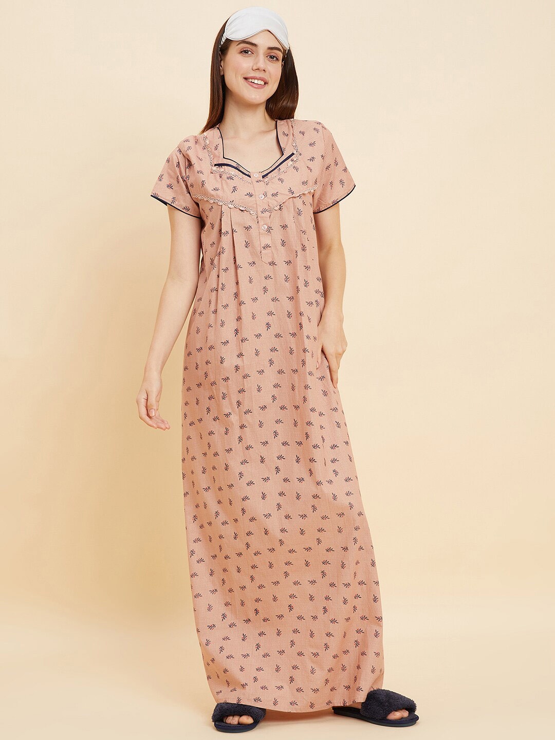 

Sweet Dreams Peach-Coloured & Navy Blue Floral Printed Pure Cotton Maxi Nightdress