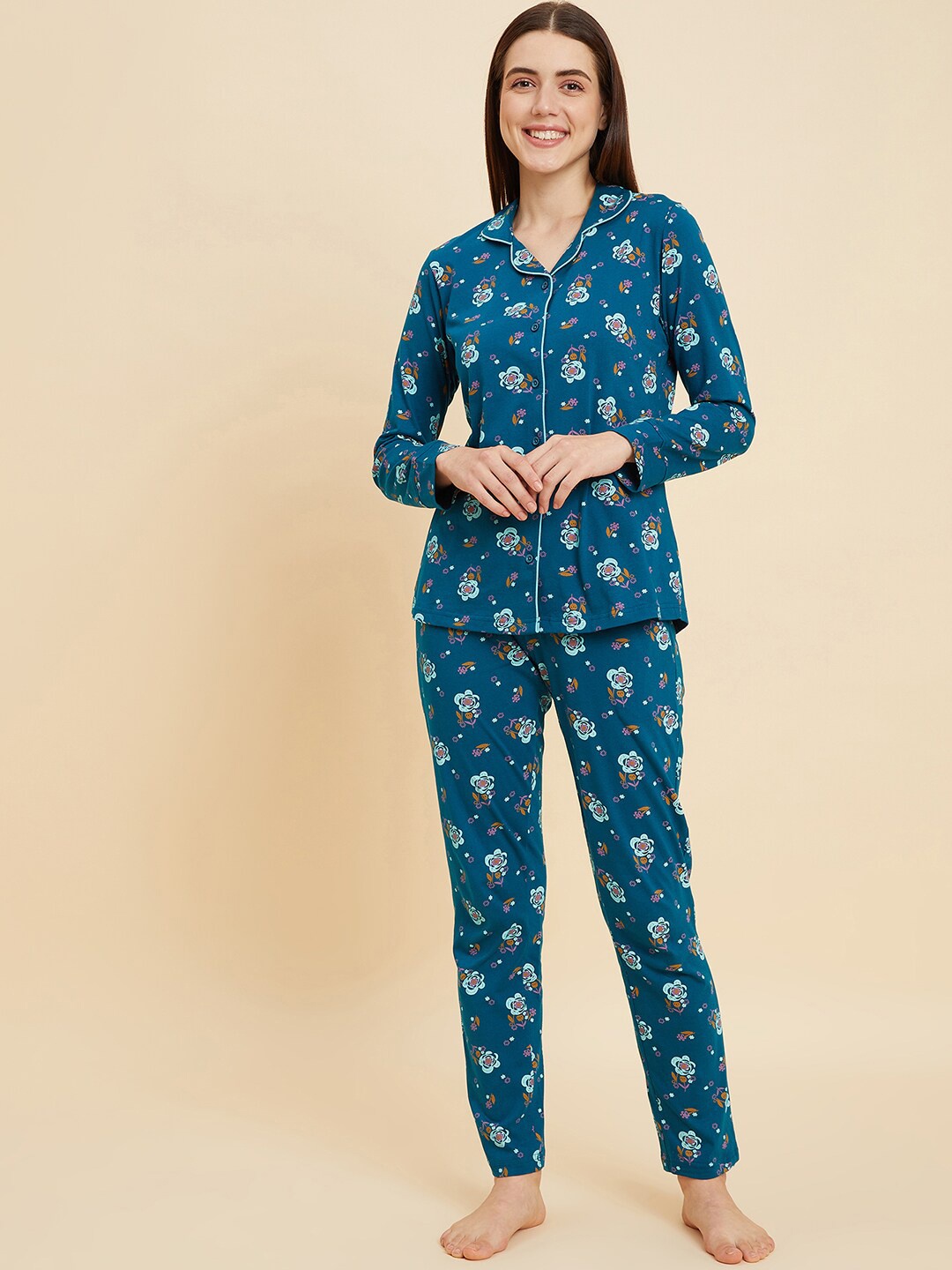 

Sweet Dreams Teal Floral Printed Pure Cotton Night Suit