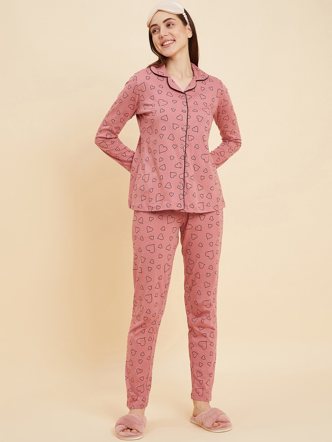 

Sweet Dreams Rose Pink & Black Geometric Printed Pure Cotton Night suit