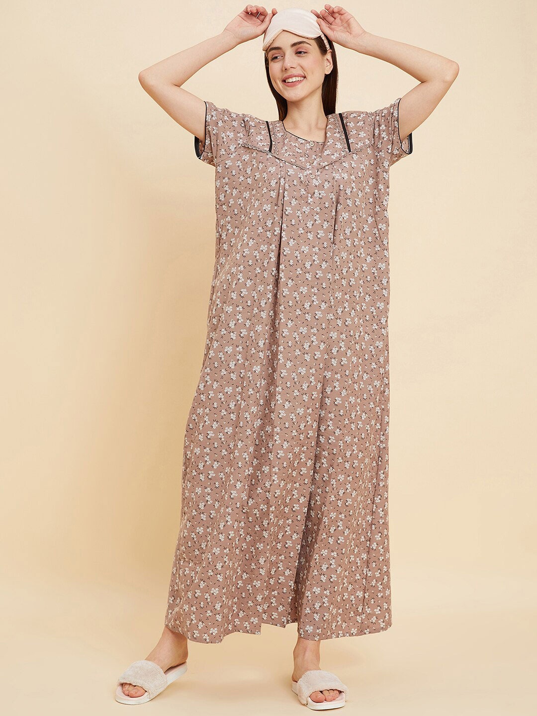 

Sweet Dreams Beige Floral Printed Maxi Nightdress