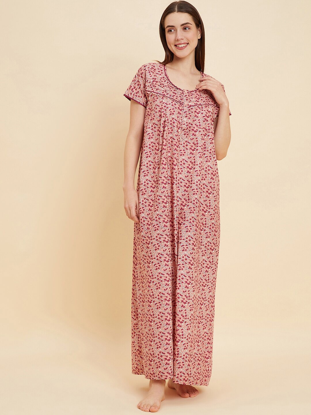 

Sweet Dreams Rose & Magenta Floral Printed Round Neck Pure Cotton Maxi Nightdress