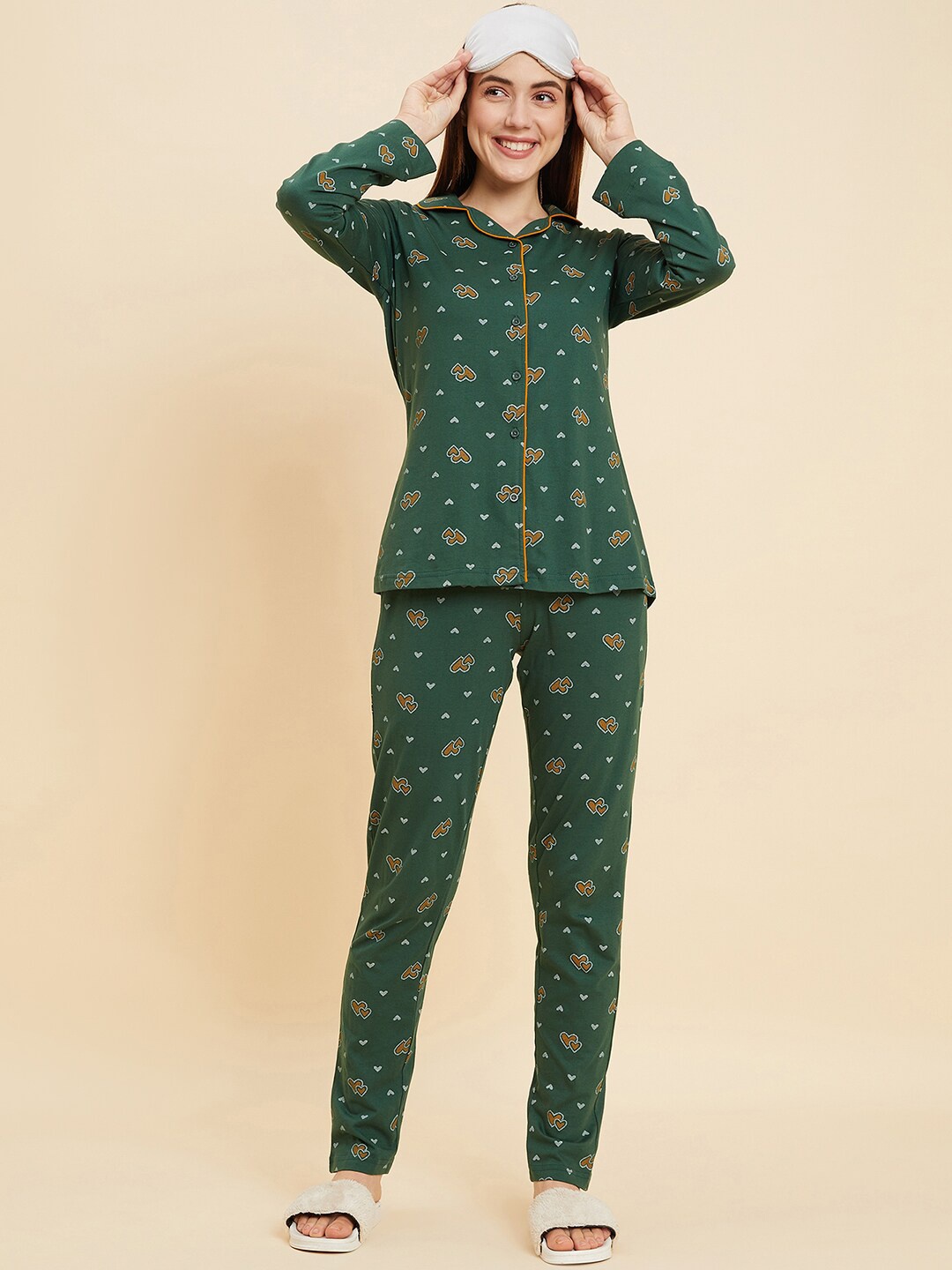 

Sweet Dreams Green & Mustard Conversational Printed Pure Cotton Night suit