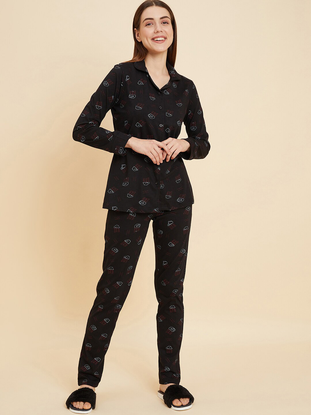 

Sweet Dreams Black Conversational Printed Lapel Collar Pure Cotton Shirt & Pyjama
