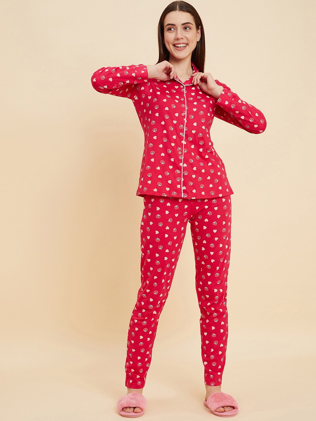 

Sweet Dreams Pink & Beige Graphic Printed Pure Cotton Night suit