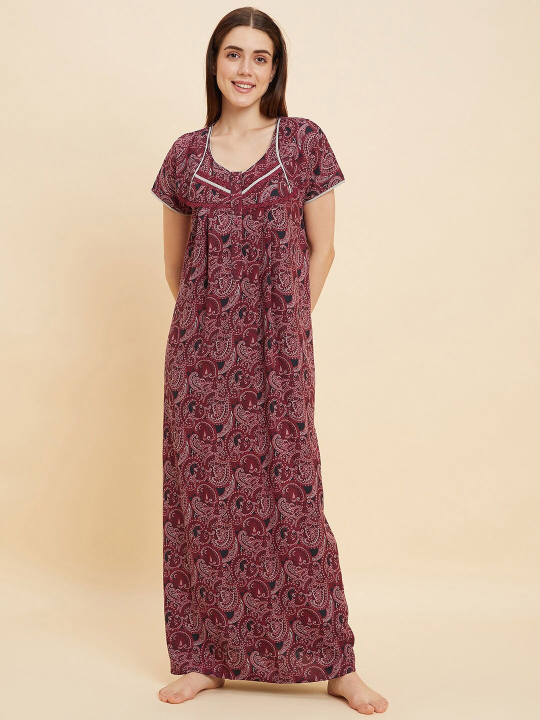 

Sweet Dreams Pink Ethnic Motifs Printed Pure Cotton Maxi Nightdress