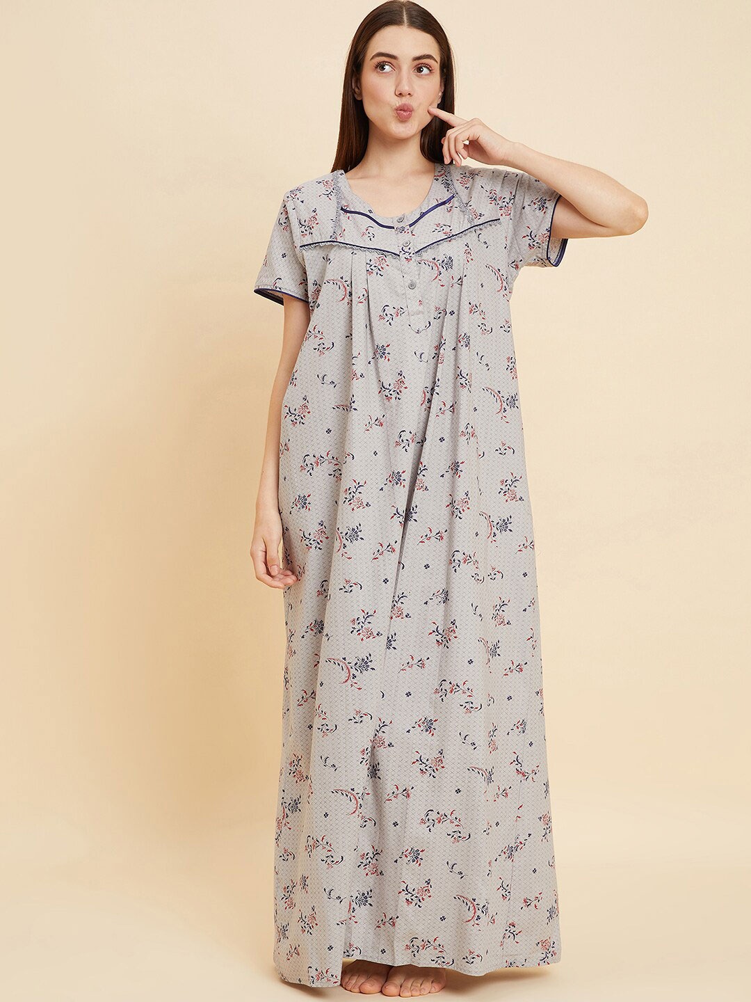 

Sweet Dreams Grey Floral Printed Pure Cotton Maxi Nightdress