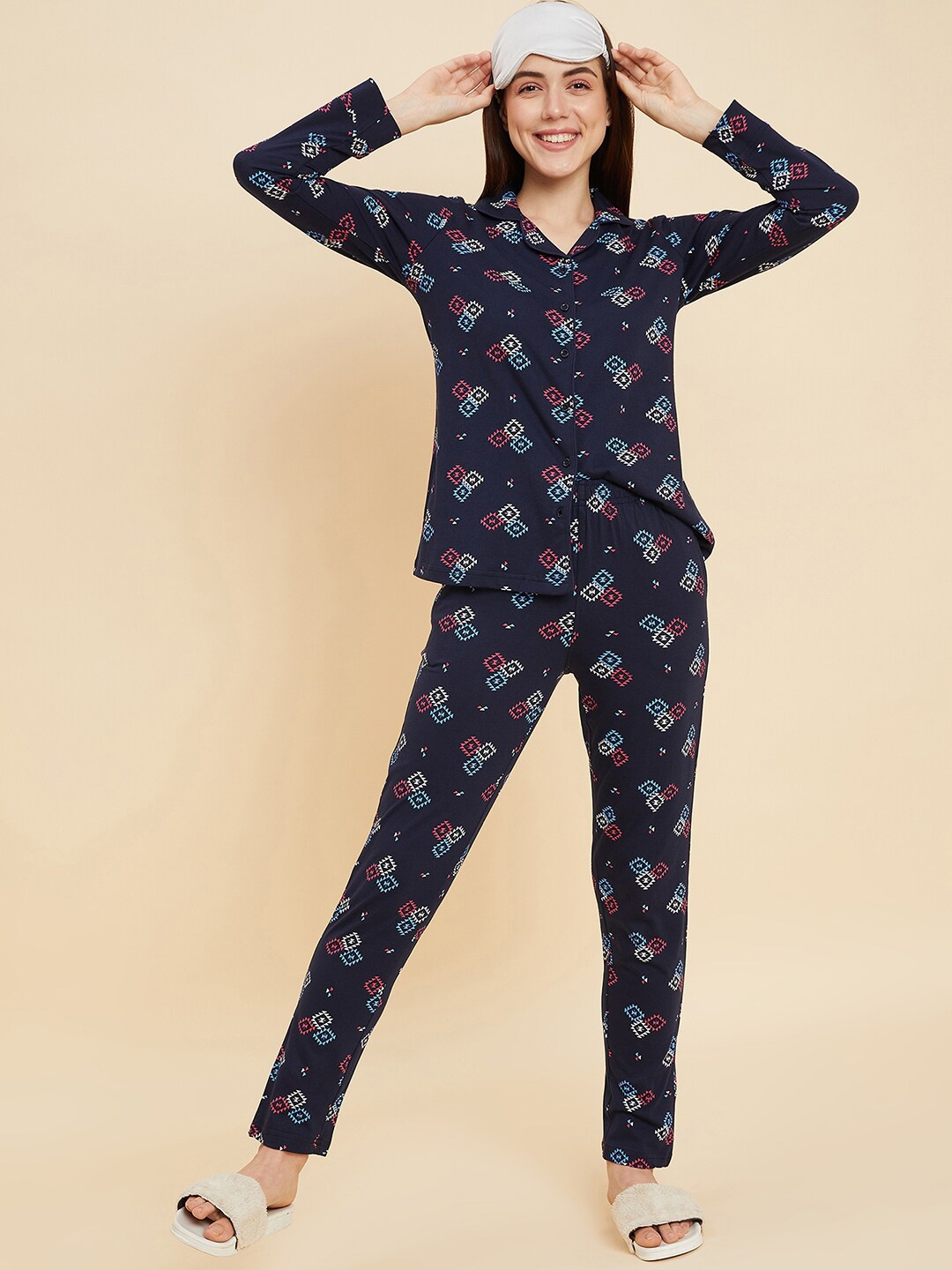 

Sweet Dreams Navy Blue & Pink Geometric Printed Pure Cotton Shirt With Pyjamas