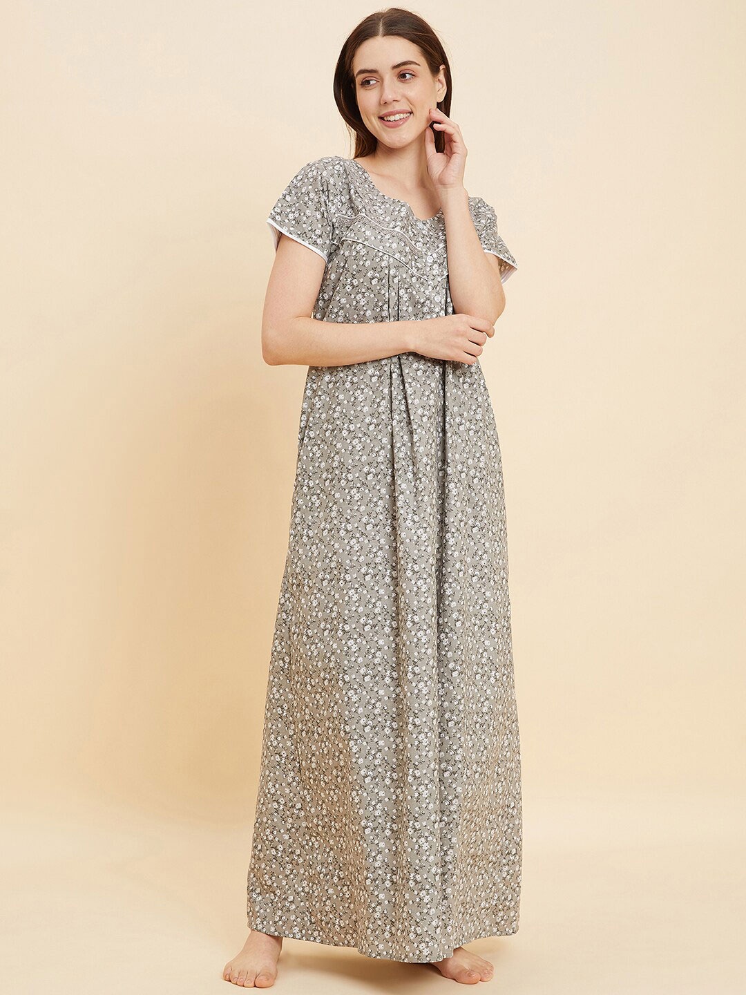 

Sweet Dreams Grey & White Floral Printed Pure Cotton Maxi Nightdress