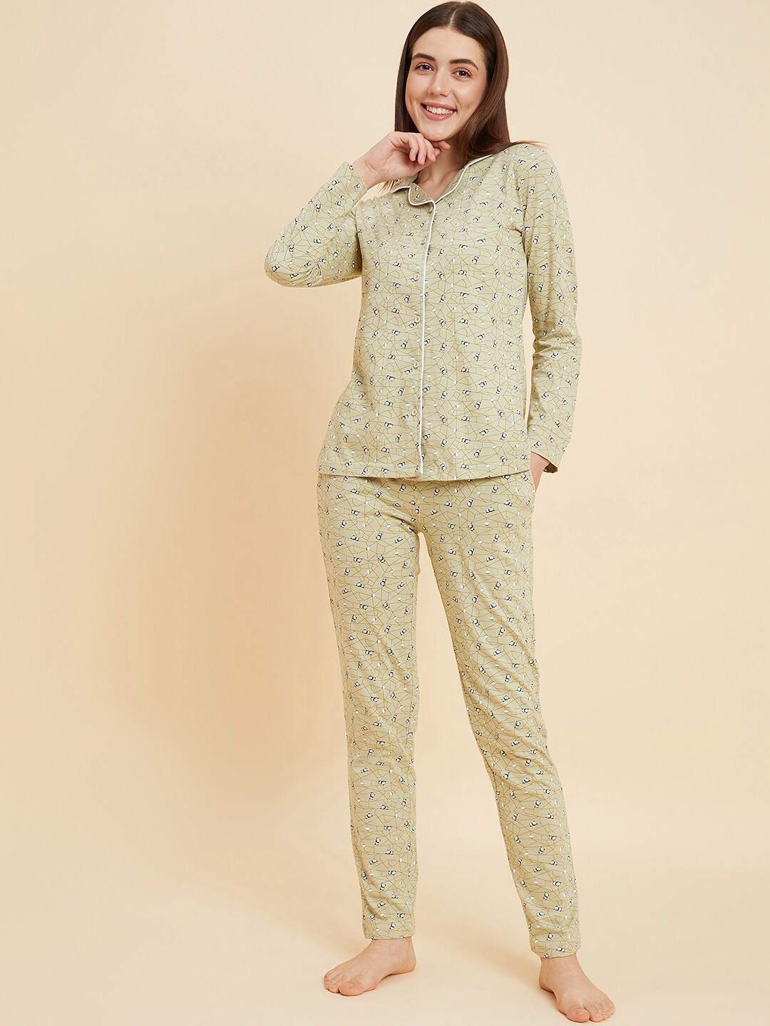 

Sweet Dreams Beige & White Graphic Printed Pure Cotton Night Suit