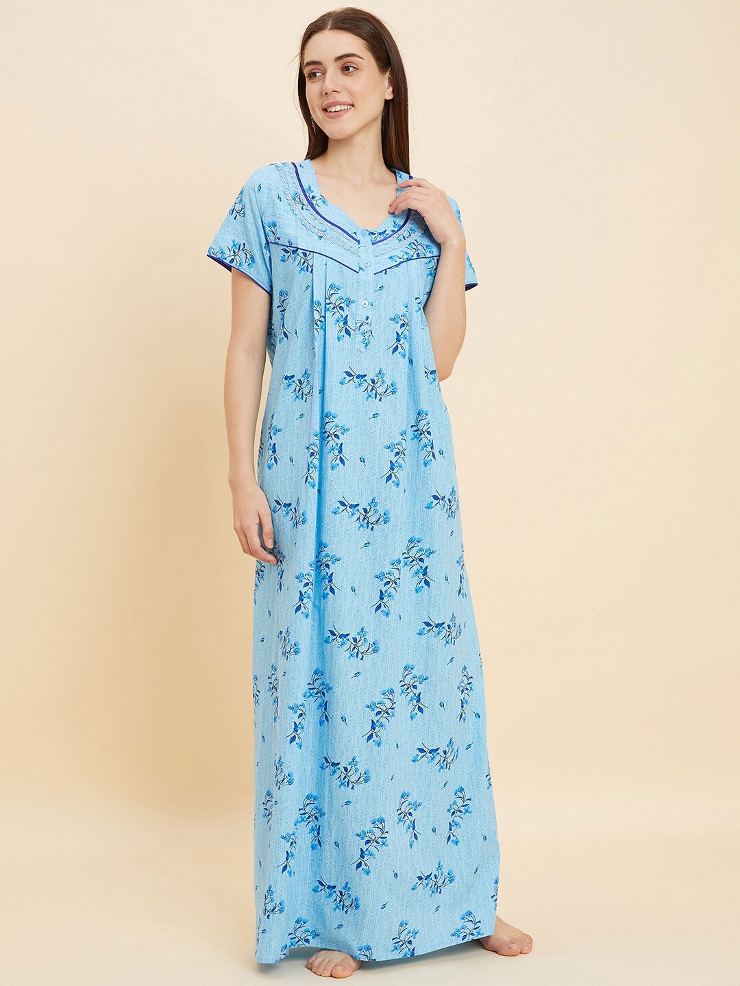 

Sweet Dreams Blue Floral Printed Pure Cotton Maxi Nightdress