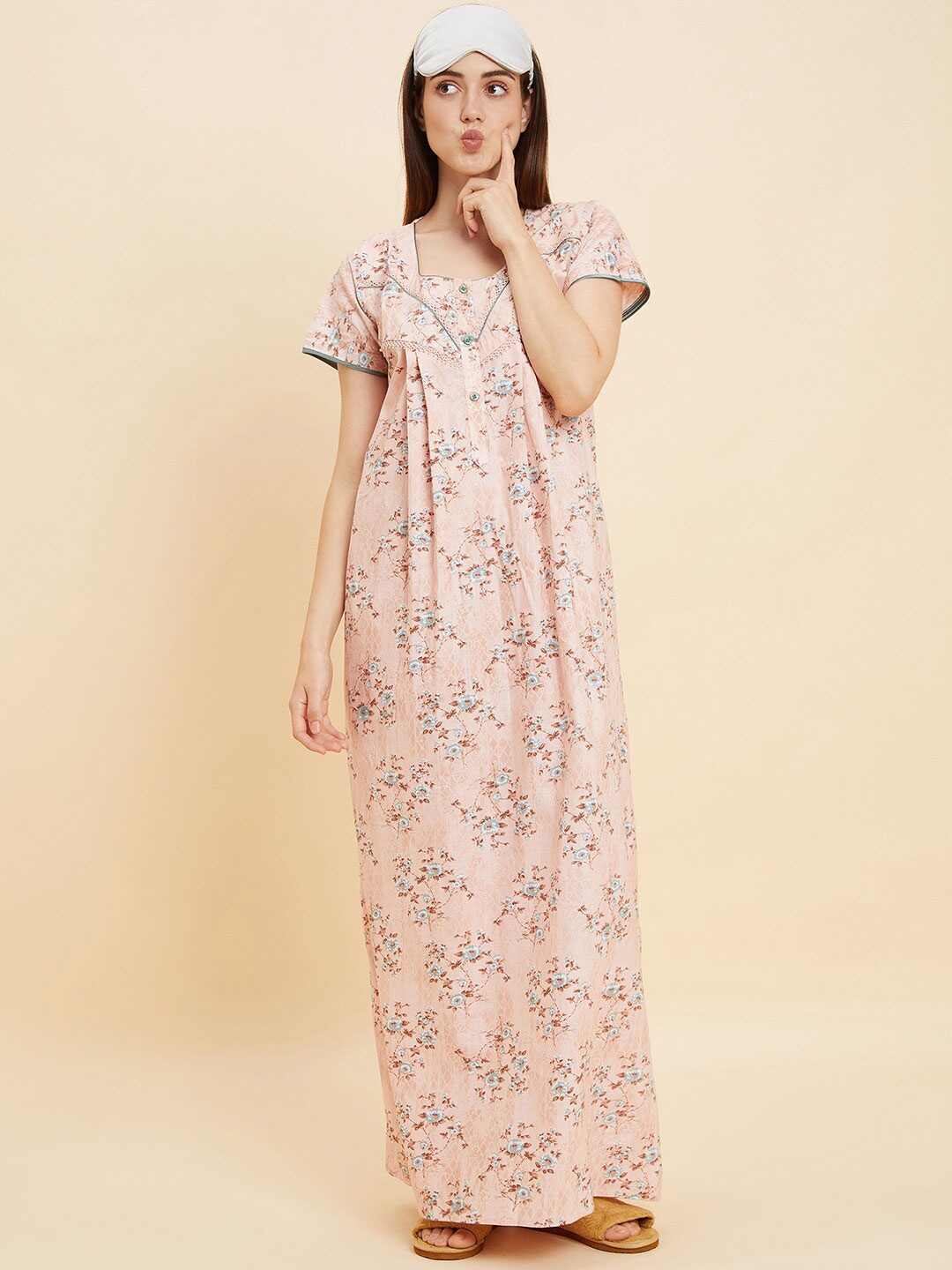 

Sweet Dreams Peach & Green Floral Printed Pure Cotton Maxi Nightdress
