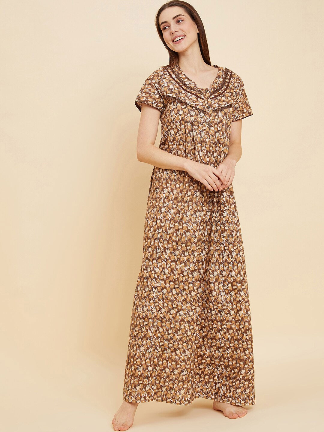 

Sweet Dreams Brown Abstract Printed Pure Cotton Maxi Nightdress