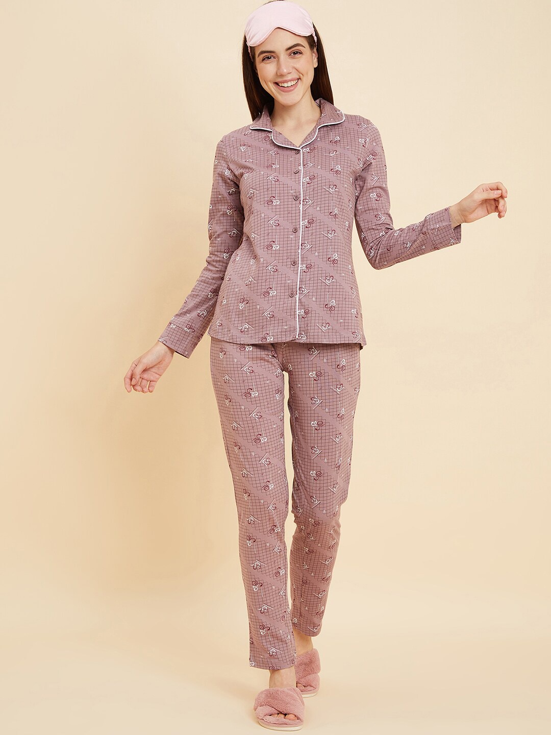 

Sweet Dreams Purple Conversational Printed Lapel Collar Pure Cotton Shirt & Pyjama