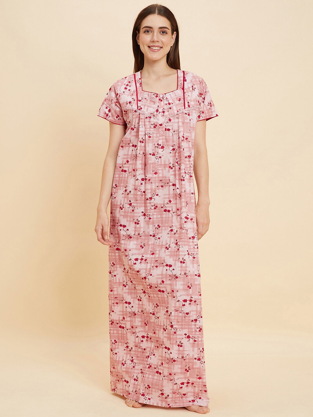 

Sweet Dreams Rose Pink And Red Floral Printed Square Neck Pure Cotton Maxi Nightdress