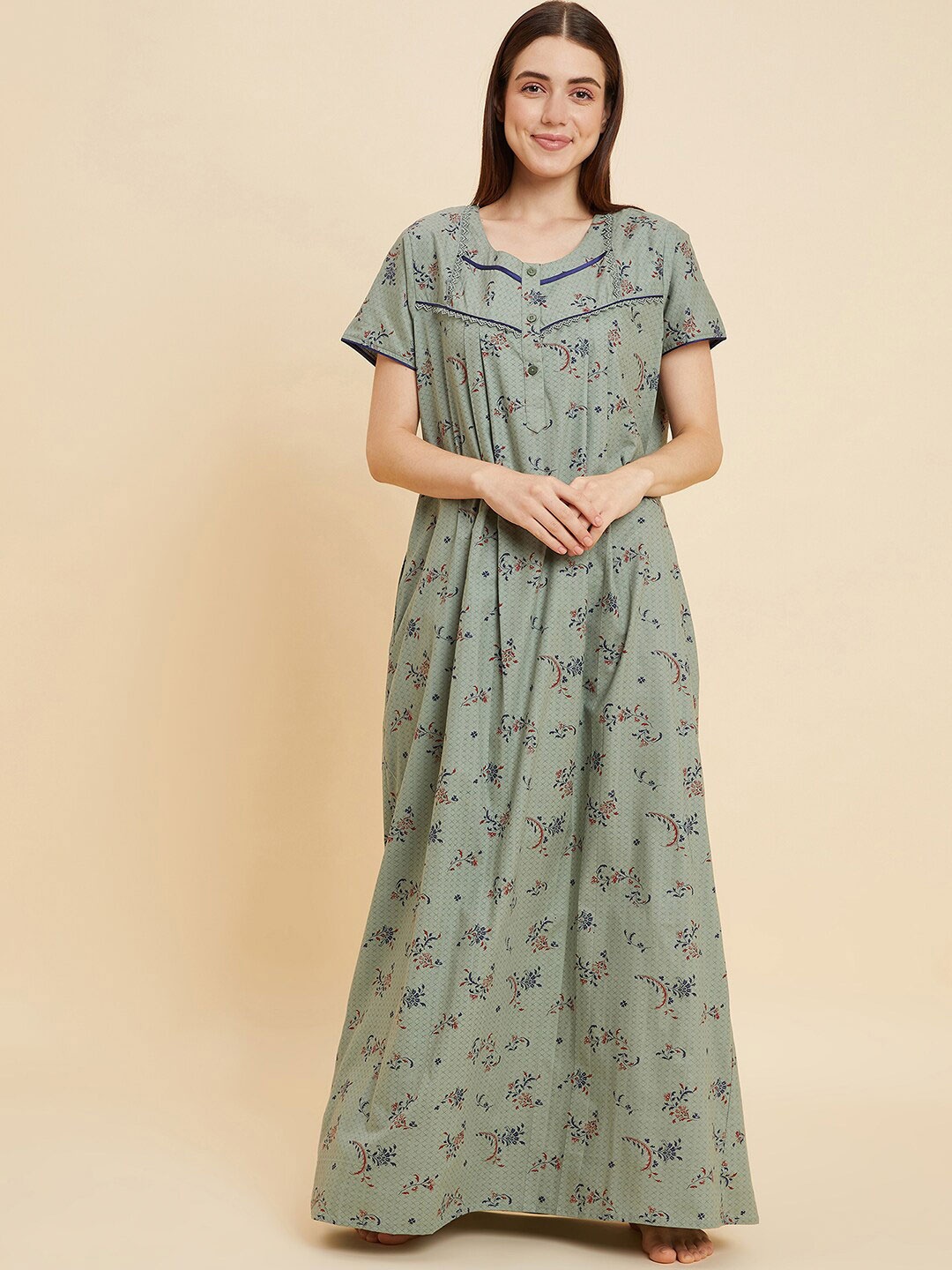 

Sweet Dreams Green & Navy Blue Floral Printed Round Neck Pure Cotton Maxi Nightdress