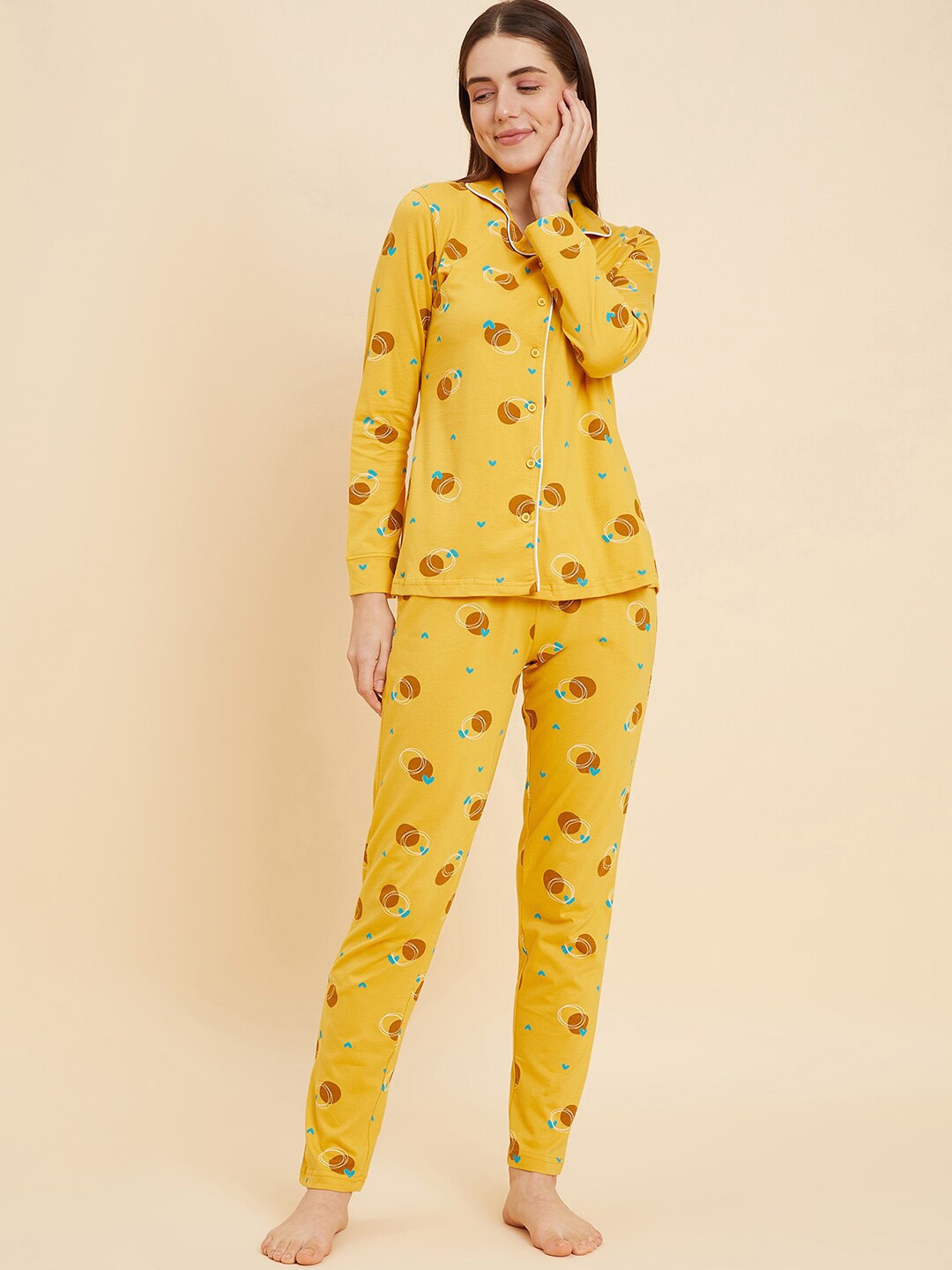 

Sweet Dreams Mustard & Brown Conversational Printed Pure Cotton Night suit