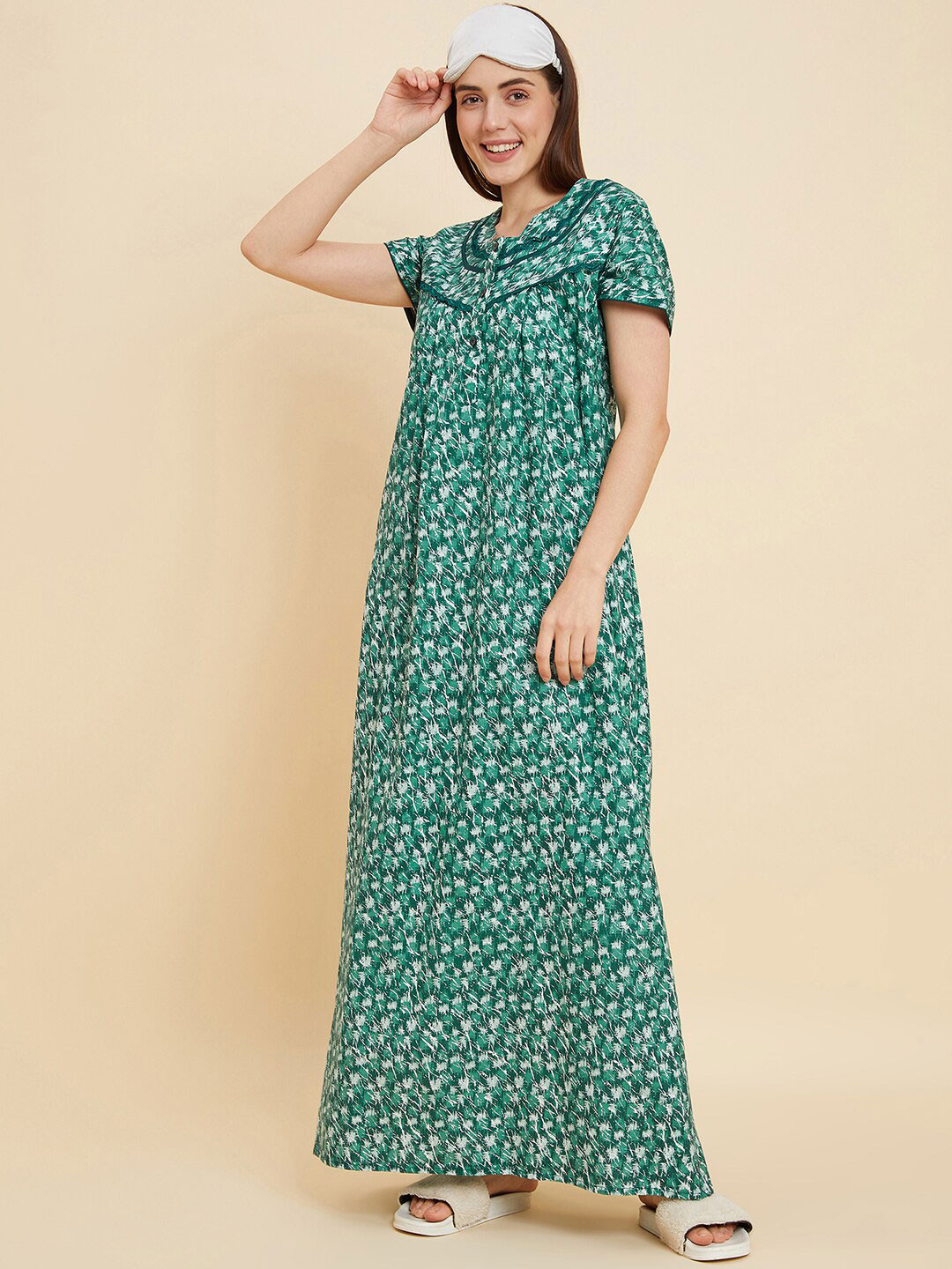 

Sweet Dreams Green & White Floral Printed Pure Cotton Maxi Nightdress