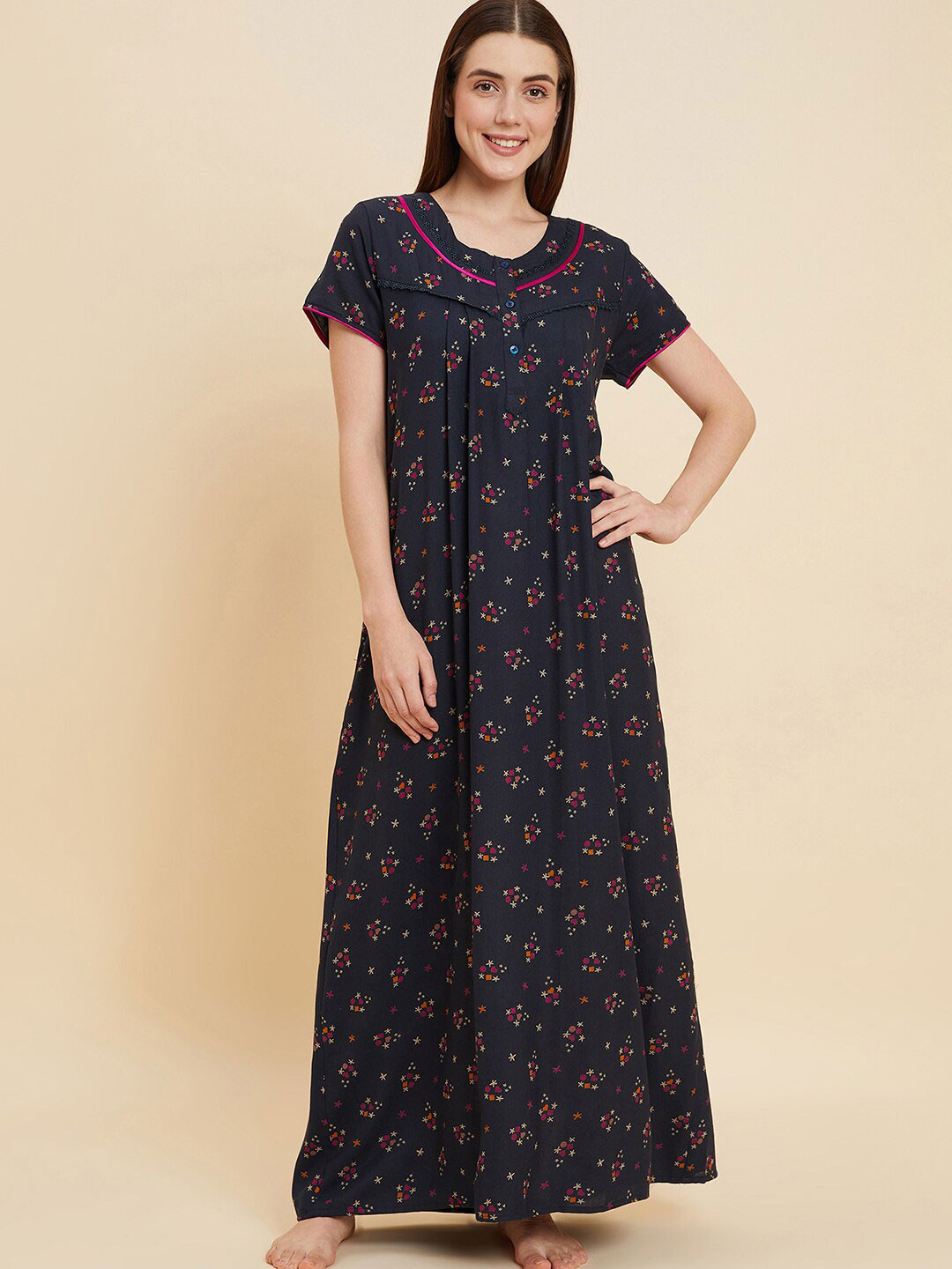 

Sweet Dreams Navy Blue Printed Pure Cotton Maxi Nightdress