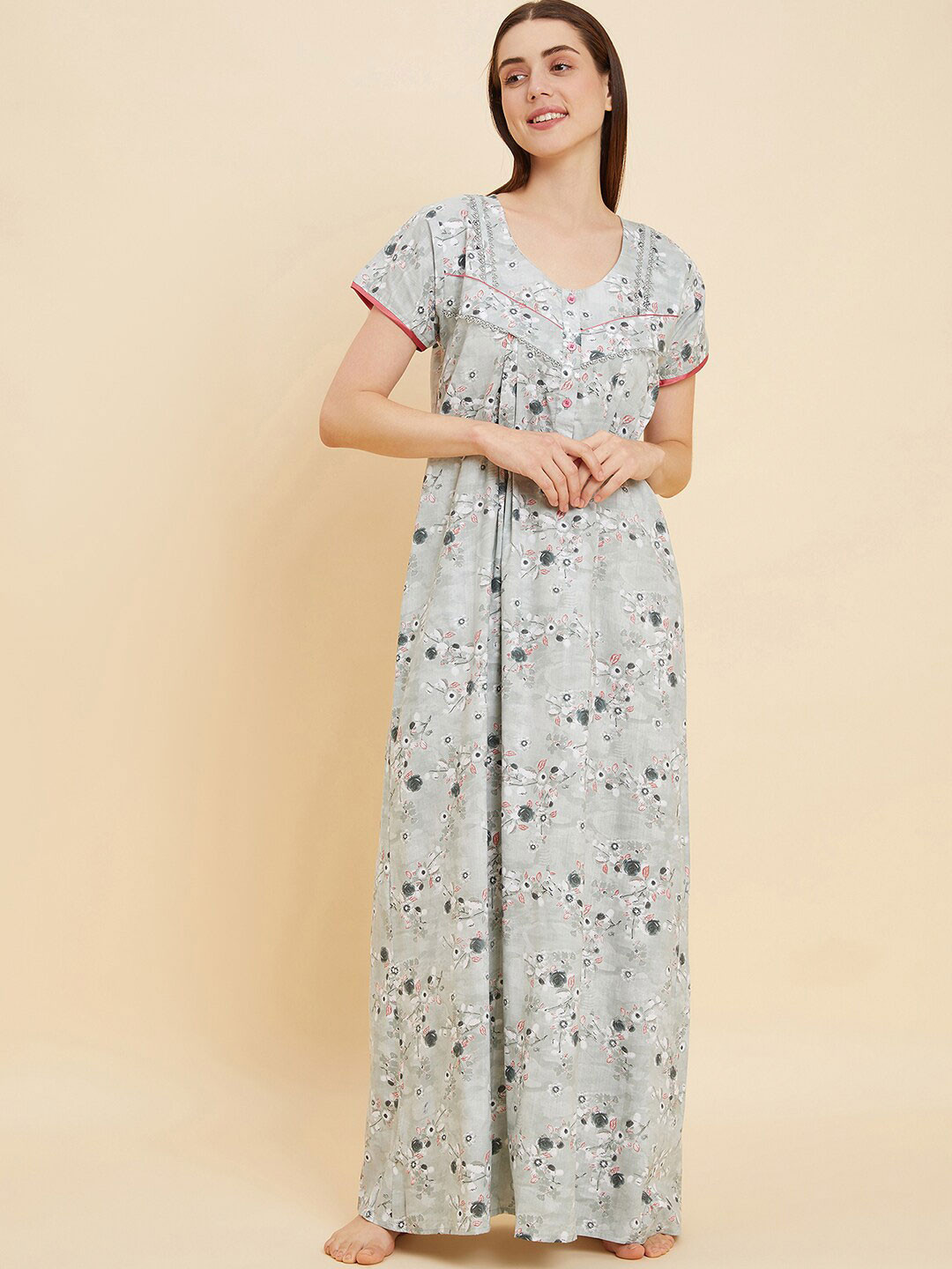 

Sweet Dreams Green Floral Printed Pure Cotton Maxi Nightdress