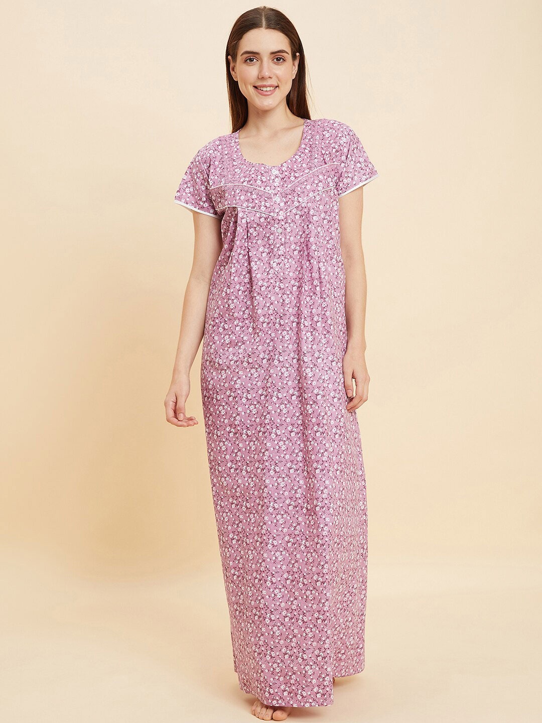 

Sweet Dreams Rose Pink And White Floral Printed Pure Cotton Maxi Nightdress