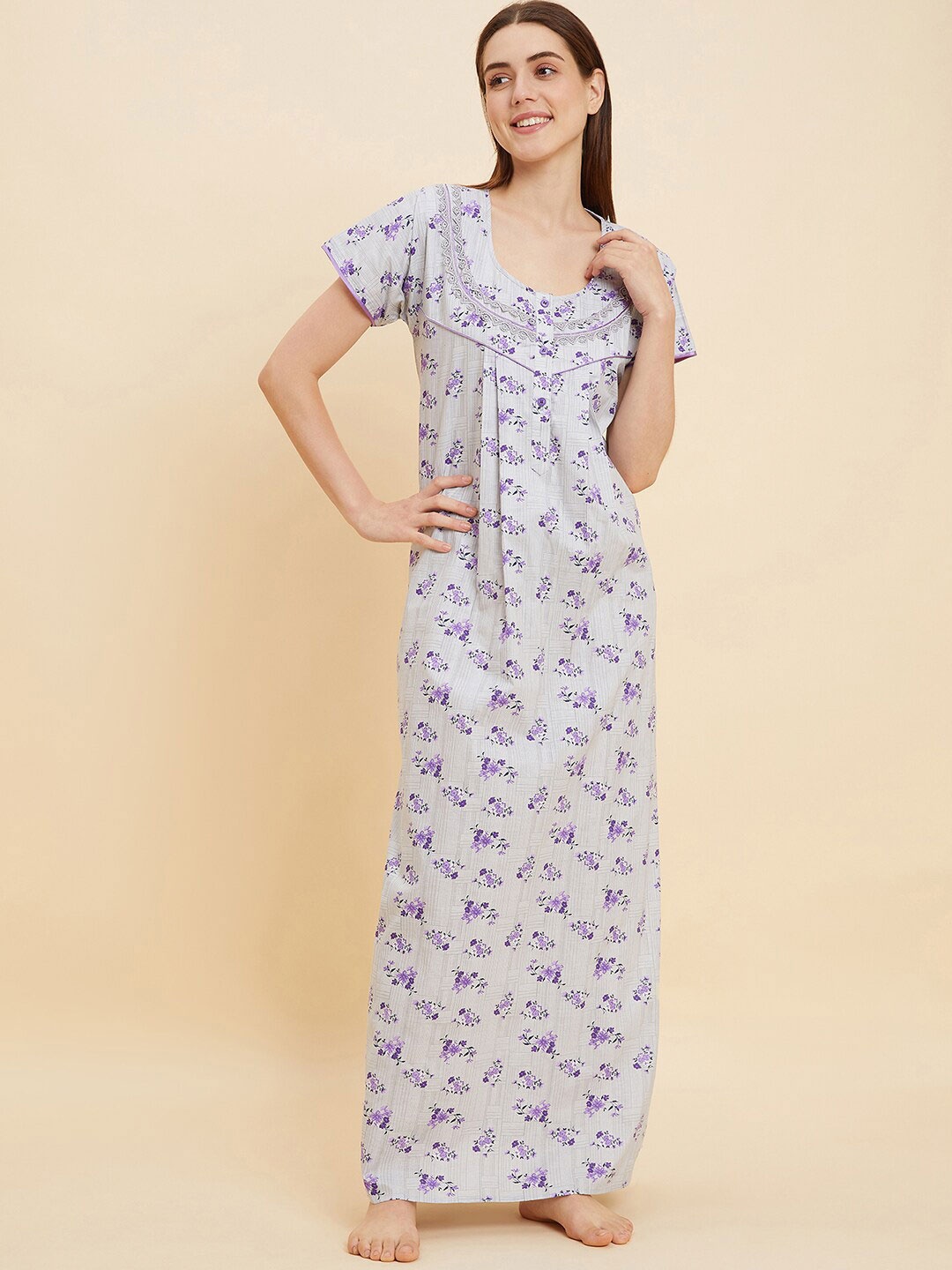 

Sweet Dreams Grey Floral Printed Pure Cotton Maxi Nightdress