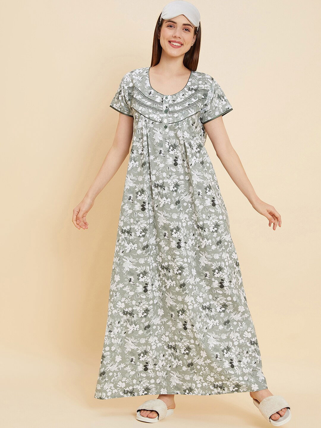 

Sweet Dreams Green Floral Printed Pure Cotton Maxi Nightdress