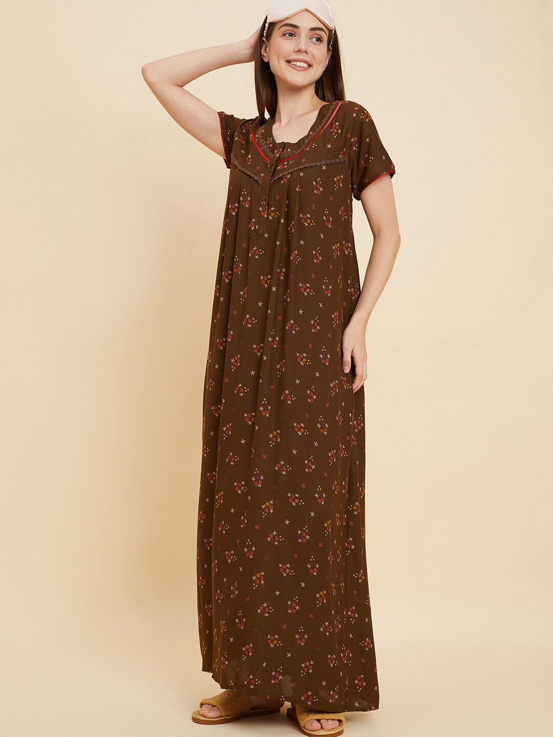 

Sweet Dreams Brown And Pink Floral Printed Pure Cotton Maxi Nightdress