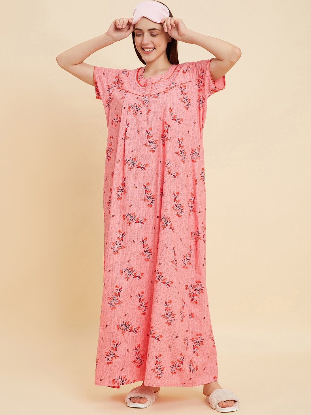 

Sweet Dreams Peach Floral Printed Pure Cotton Maxi Nightdress