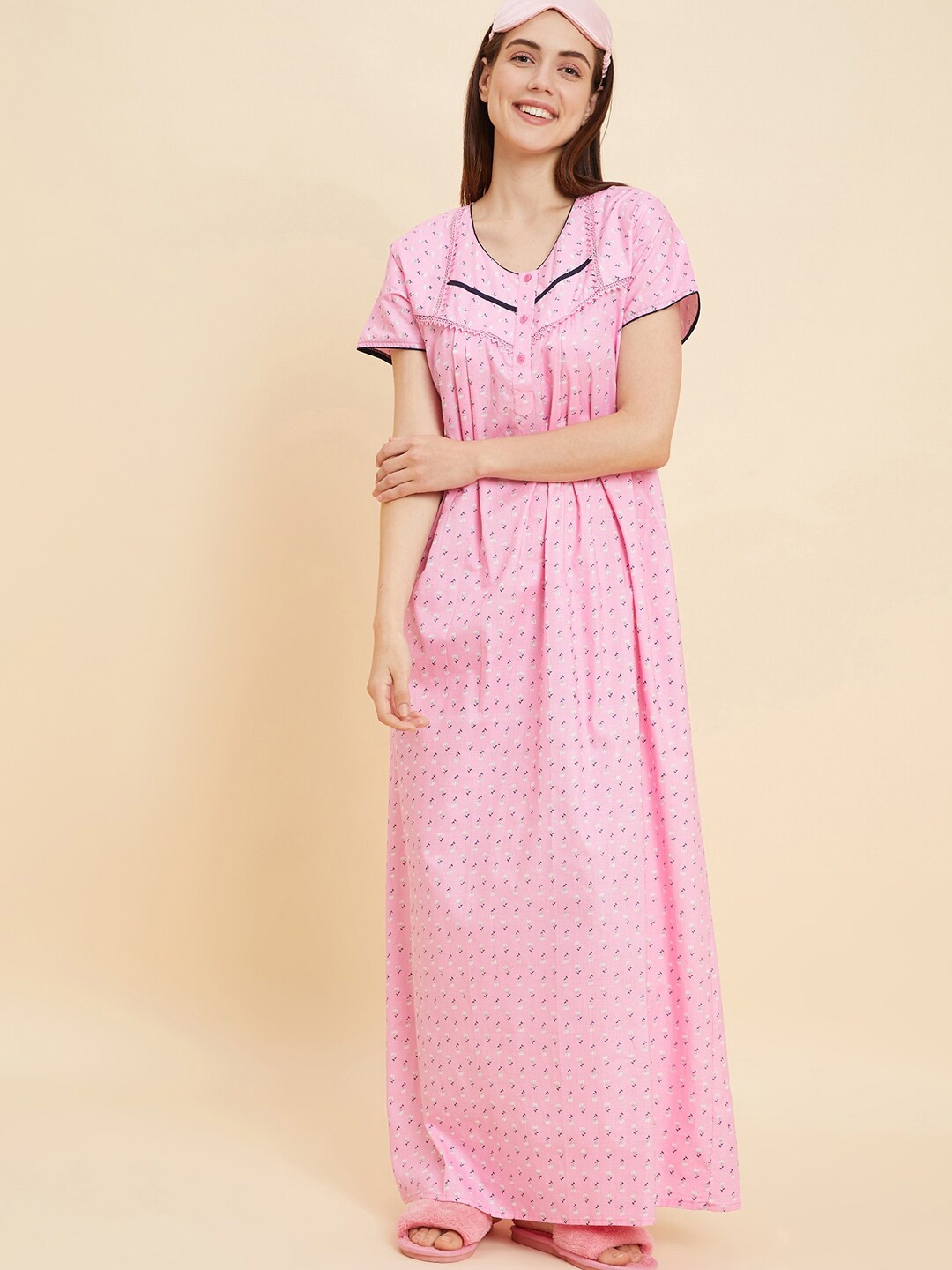 

Sweet Dreams Pink & Blue Floral Printed Pure Cotton Maxi Nightdress