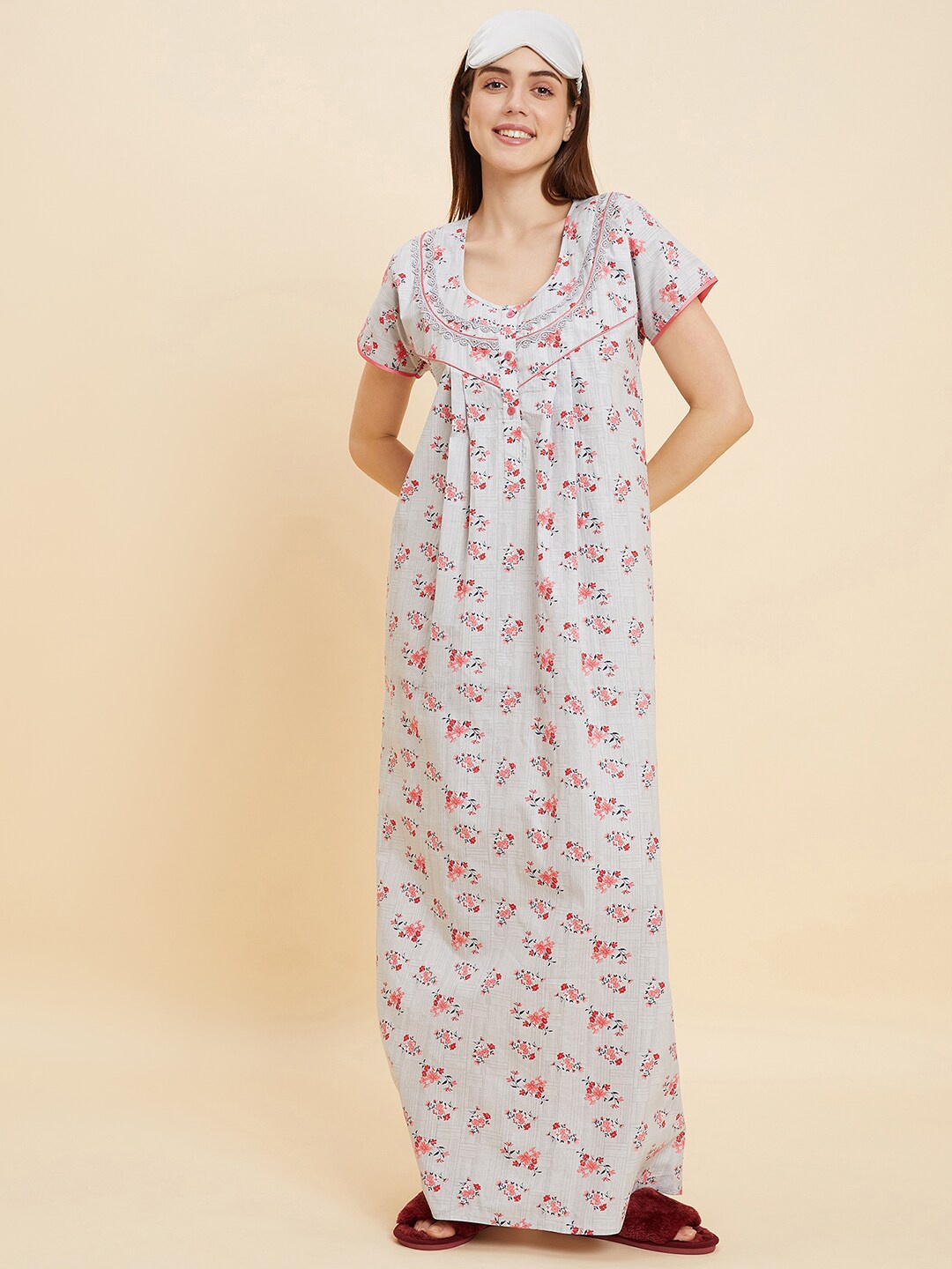 

Sweet Dreams Grey & Red Floral Printed Pure Cotton Maxi Nightdress