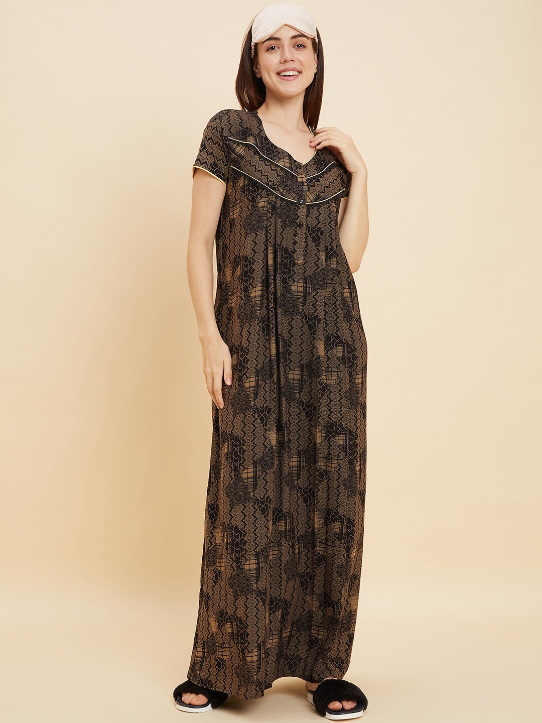 

Sweet Dreams Black & Beige Abstract Printed Pure Cotton Maxi Nightdress