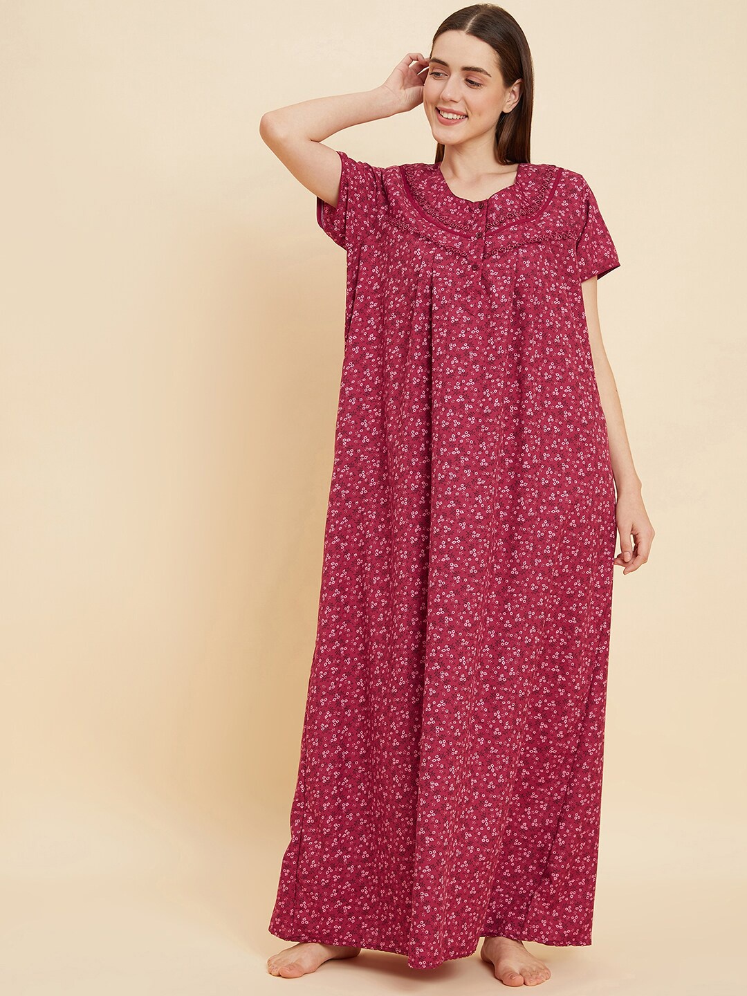 

Sweet Dreams Maroon Floral Printed Maxi Nightdress