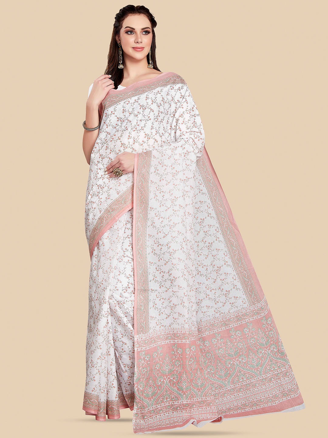 

Rani Saahiba Floral Printed Pure Cotton Block Print Saree, White