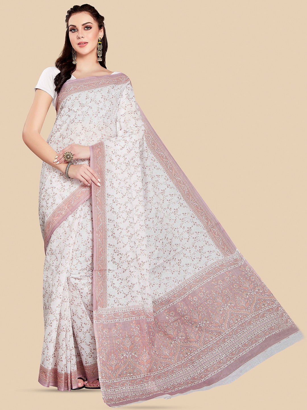 

Rani Saahiba Floral Pure Cotton Block Print Saree, White