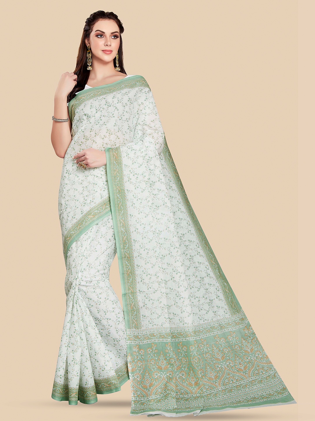 

Rani Saahiba Floral Printed Pure Cotton Block Print Saree, White